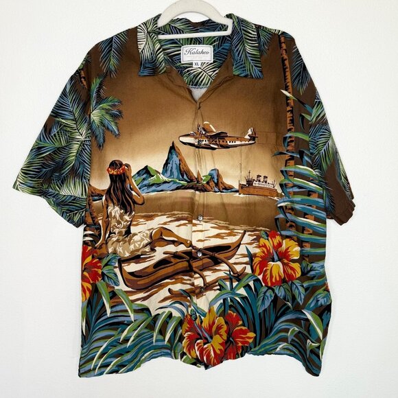 Vintage Kalaheo Hula Girl Plane Ship Aloha Hawaiian Made Camp Shirt Sz XL - Picture 1 of 4
